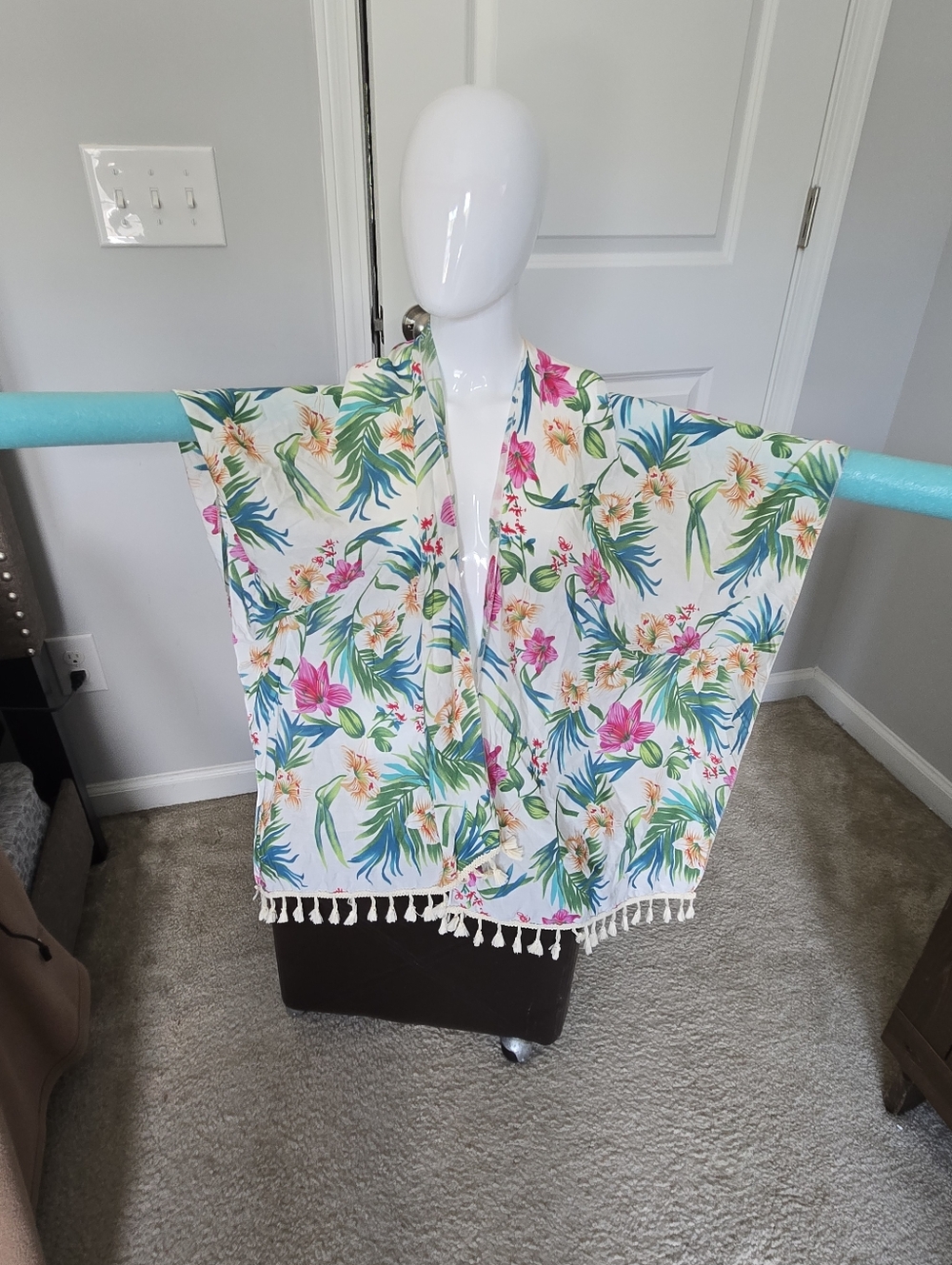 Tropical Floral Kimono Cover-Up with Tassel Trim - White Base